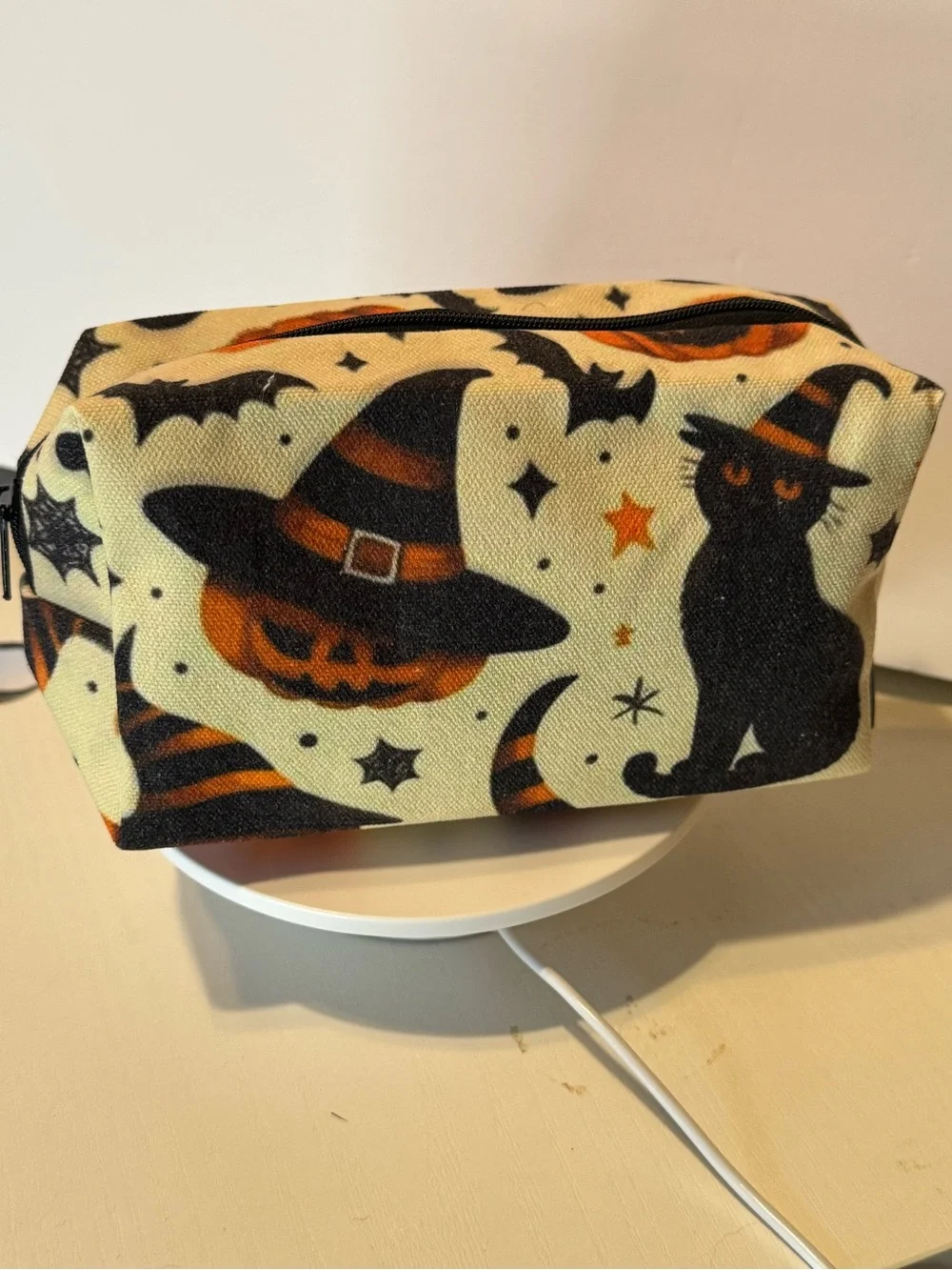 Halloween Cat & Pumpkin Cosmetic Bag - Black and Orange Canvas NWOT